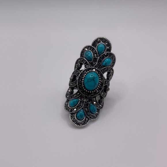 Silver toned BOHO peacock ring with Faux Turquoise Stones - Size 8 - Picture 8 of 15